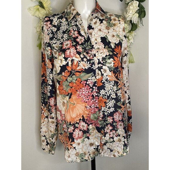 Zara Women's Long‎ Sleeve Multi Color Floral Shirt Blouse Size XS Made in Spain - Picture 1 of 16
